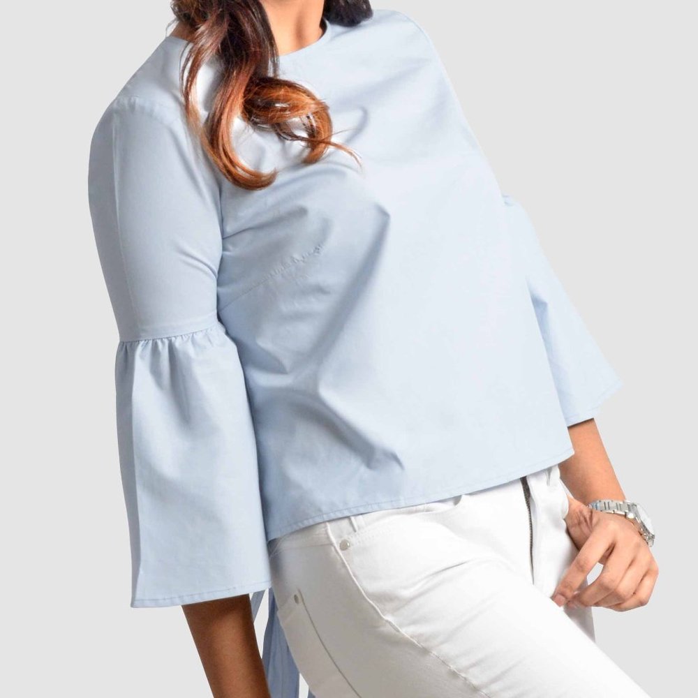 OLGYN Three-Quarter Flare Sleeve Light Blue Top - Picture 3 of 4